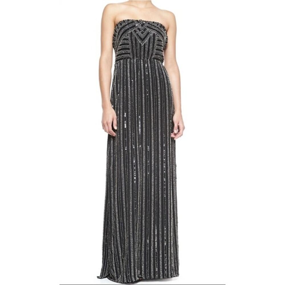 Parker Black and Silver Strapless Beaded Maxi Gown